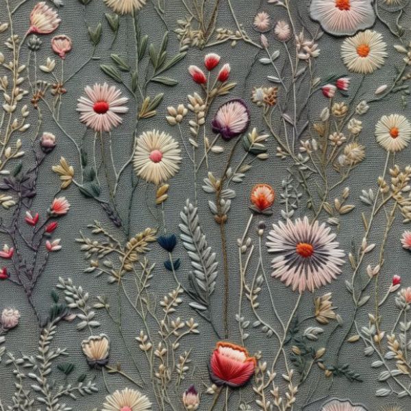 Țesătură catifea strech imitație broderie flori de câmp imprimeu gri Antonia
