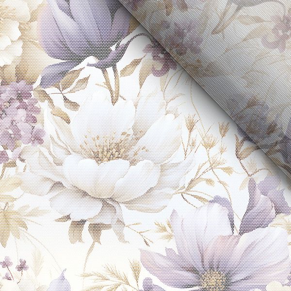 Bandă din catifea cu imprimeu de 4 cm flori mov Vilma