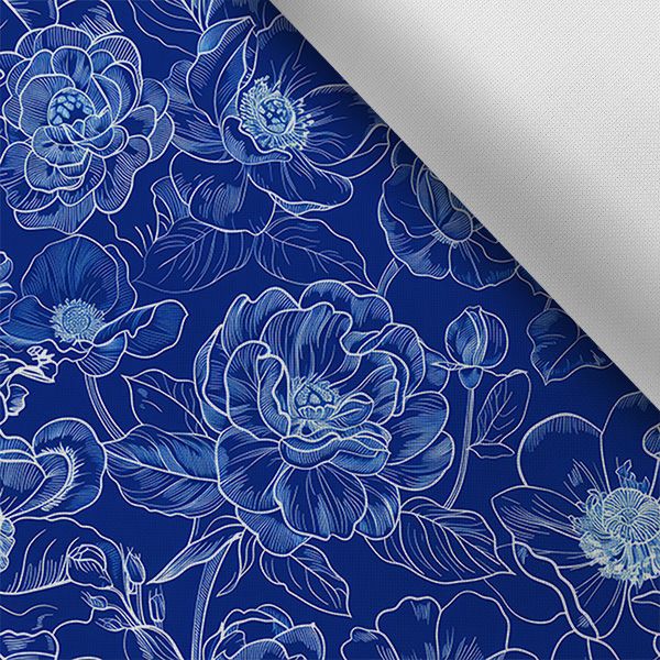 Satin elastic semimat imitație flori imprimeu albastru 