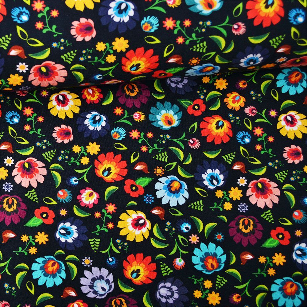 Țesătură pentru costume de baie, ​îmbrăcăminte fitness folk flowers black