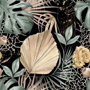 Țesătură softshell de primăvară OASIS frunze verzi-aurii pe fundal negru