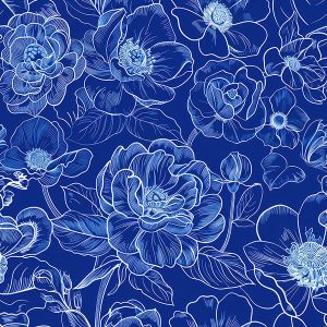 Organza flori imitație imprimeu albastru