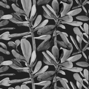 Șifon plisat neted/silky frunze pictate negre