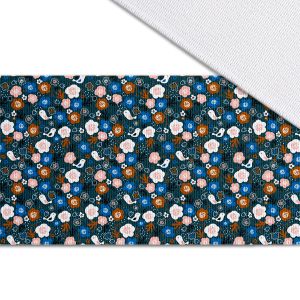 Bandă elastică cu imprimeu de 5 cm pasăre între flori pe albastru închis