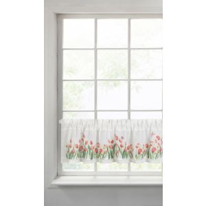 Perdea vitraliu din etamină decorată cu imprimeu de lalele roșii și dantelă de 150 x 30 cm