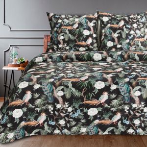 Lenjerii de pat 220x200 cm din bumbac satinat culoare negru, albastru deschis în ambalaj elegant cu model exotic GIFT2