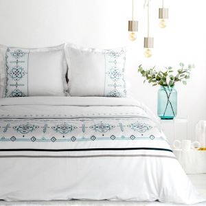 Lenjerii de pat 220x200 cm din bumbac, culoare albă, albastră cu model grecesc brodat