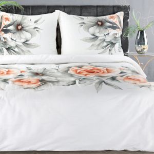 Lenjerii de pat 220x200 cm din bumbac culoare albă, portocaliu deschis decorate cu imprimeu de flori DIVA