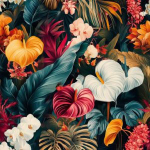 Resturi - Piele ecologică de design (piele artificială) cu imprimeu flori tropicale colorate