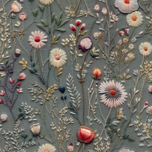 Resturi - Țesătură bumbac premium imitație broderie flori de câmp imprimeu gri Antonia
