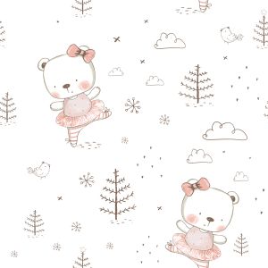 Țesătură minky cu imprimeu ursuleț roz vechi în pădurea albă
